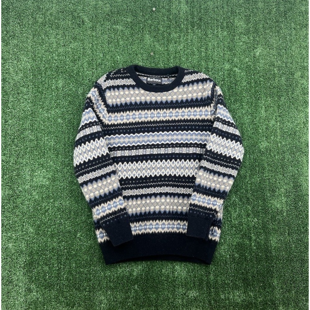 Barbour Midnight Fairisle Wool Crewneck Sweater Navy Jacquard Wool Jumper Large
